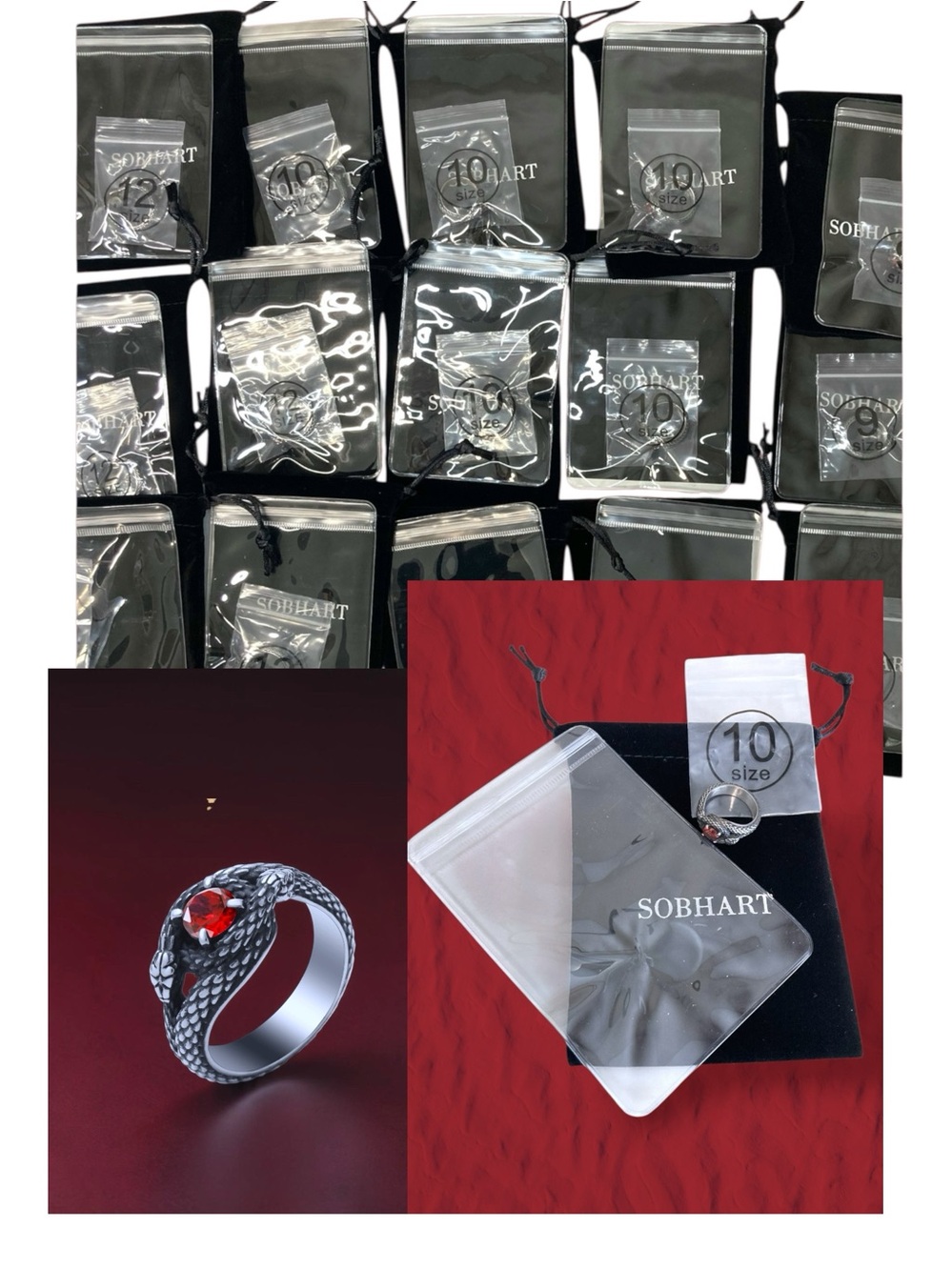 16pc Men's Snake Ring Wholesale Lot Stainless Steel Red Cubic Zirconia 9/10/12